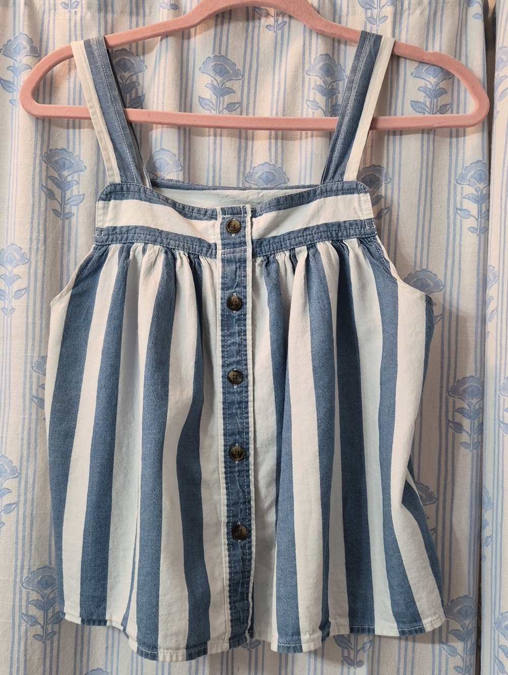 American Eagle Blue White Vertical Striped Crop Button Tank Top Linen Cotton S